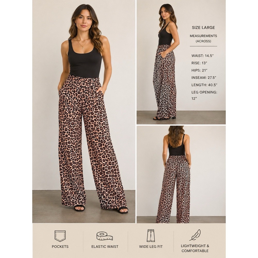 SHEIN Leopard Print Wide Leg Pants Womens Large Elastic Waist Lounge Palazzo Y2K